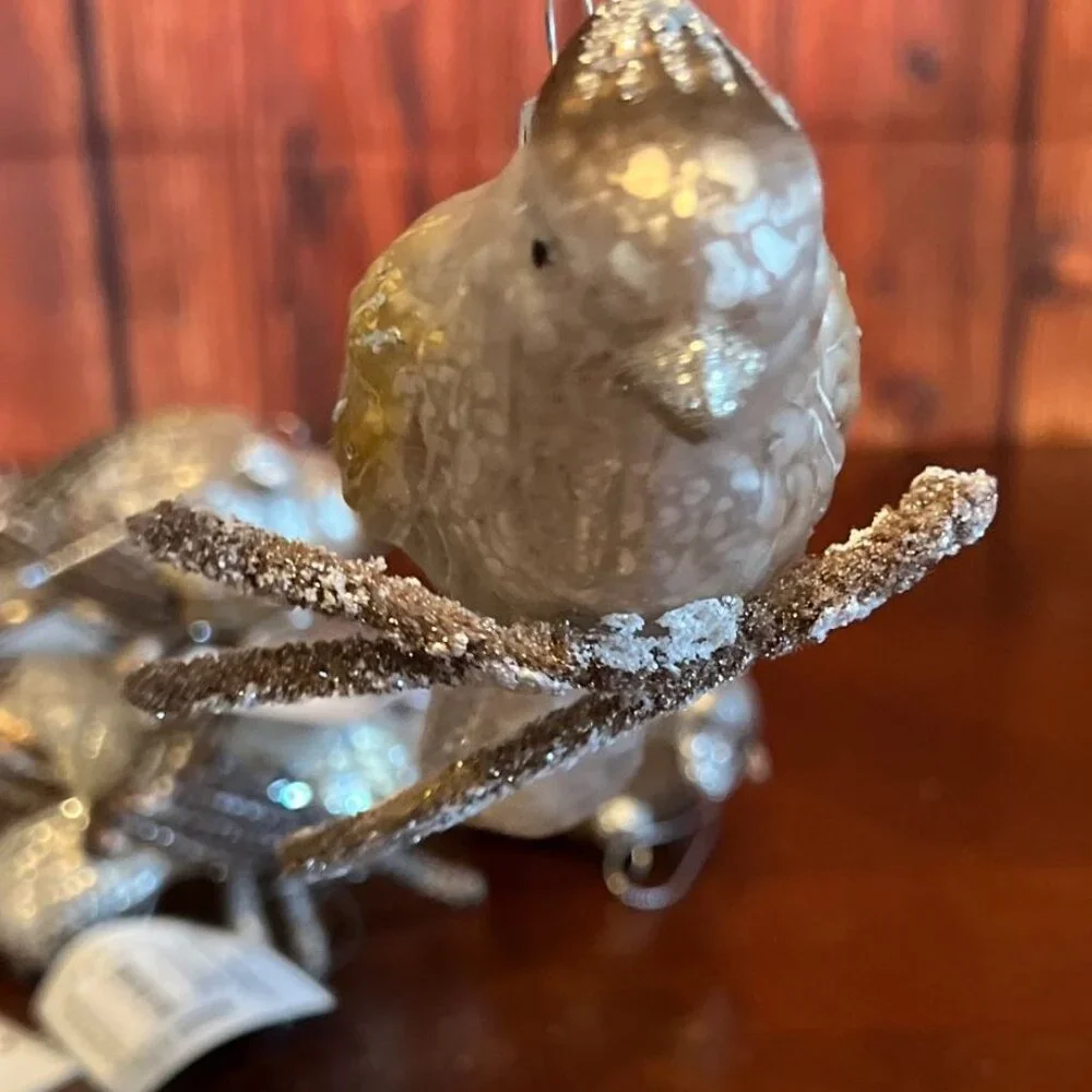 Set Of 3 Glass Bird on brach Christmas Ornaments With Glitter‎ Accents Hanging